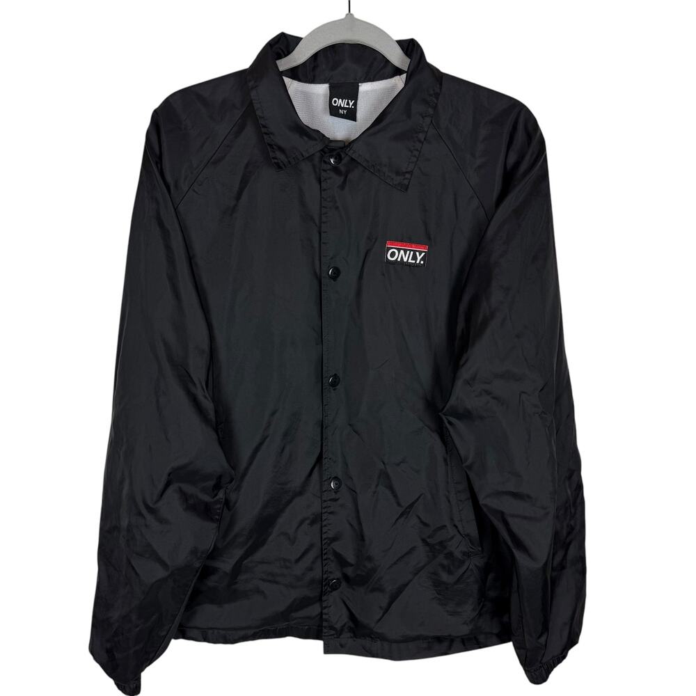 Only NY Coach Jacket Men M Black Full Zip Nylon American Flag Button-Front Lined